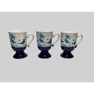 Set of 3 Vintage Blue Folk Art Birds Pedestal Mugs Cups Cobalt Blue White